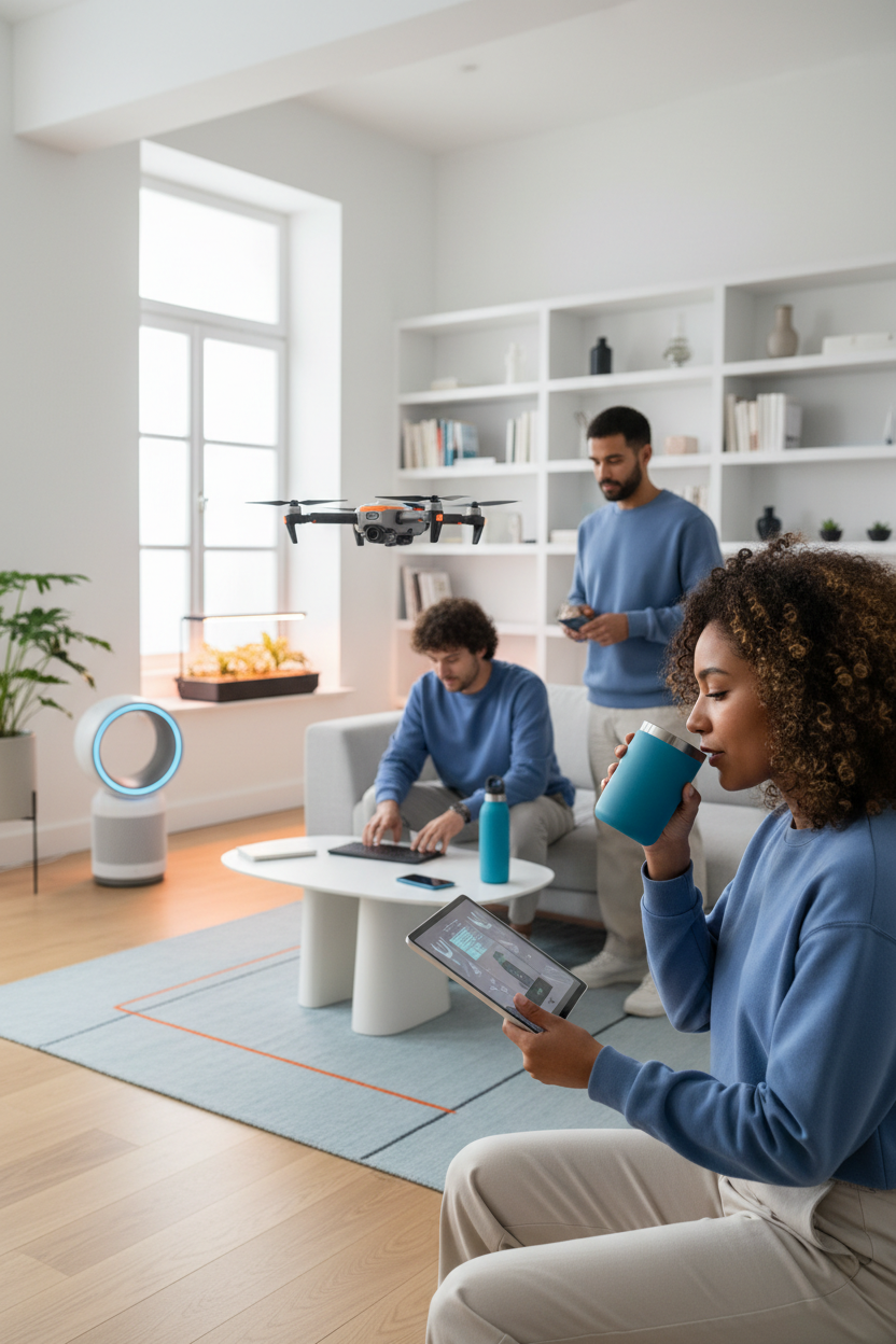 Vertical trendy eCommerce hero image, 2160x3840 resolution.
Modern lifestyle scene with young adults using smart and useful products.
Blue and orange accent colors, bright but clean aesthetic.
High-quality realistic photography style.
Designed for a modern and trustworthy online shopping experience.
No text or logos.